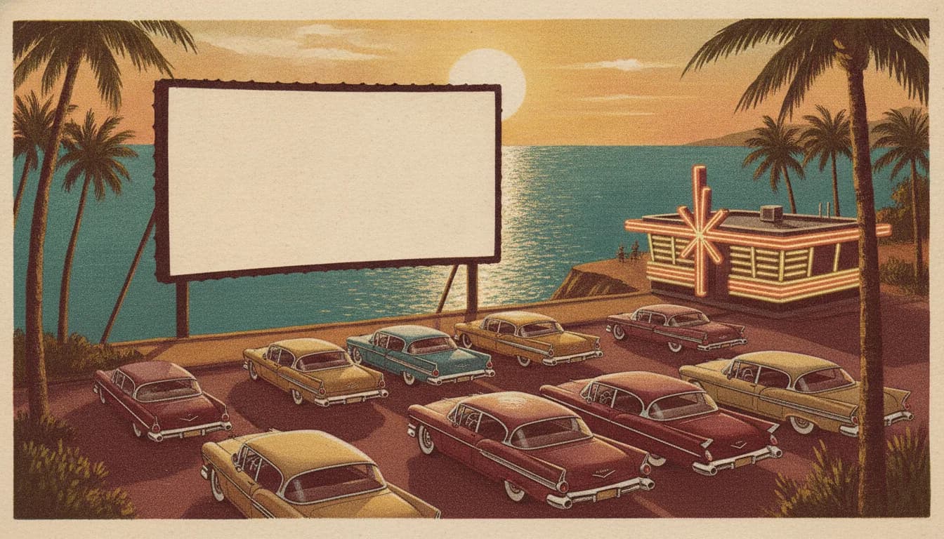 Ilustración estilo postal de un autocine frente al mar al atardecer con autos clásicos