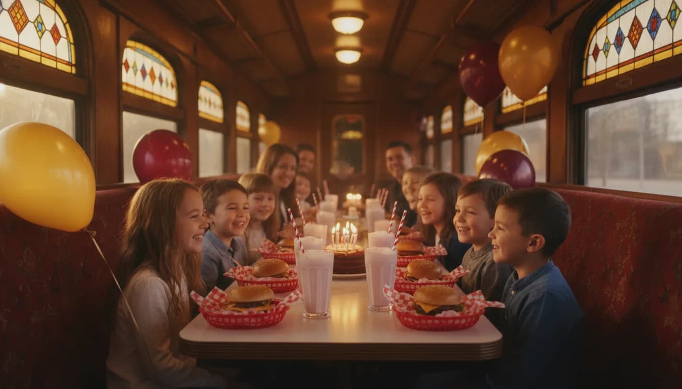 Cumpleaños con globos granate y dorado dentro de un vagón de tren de madera
