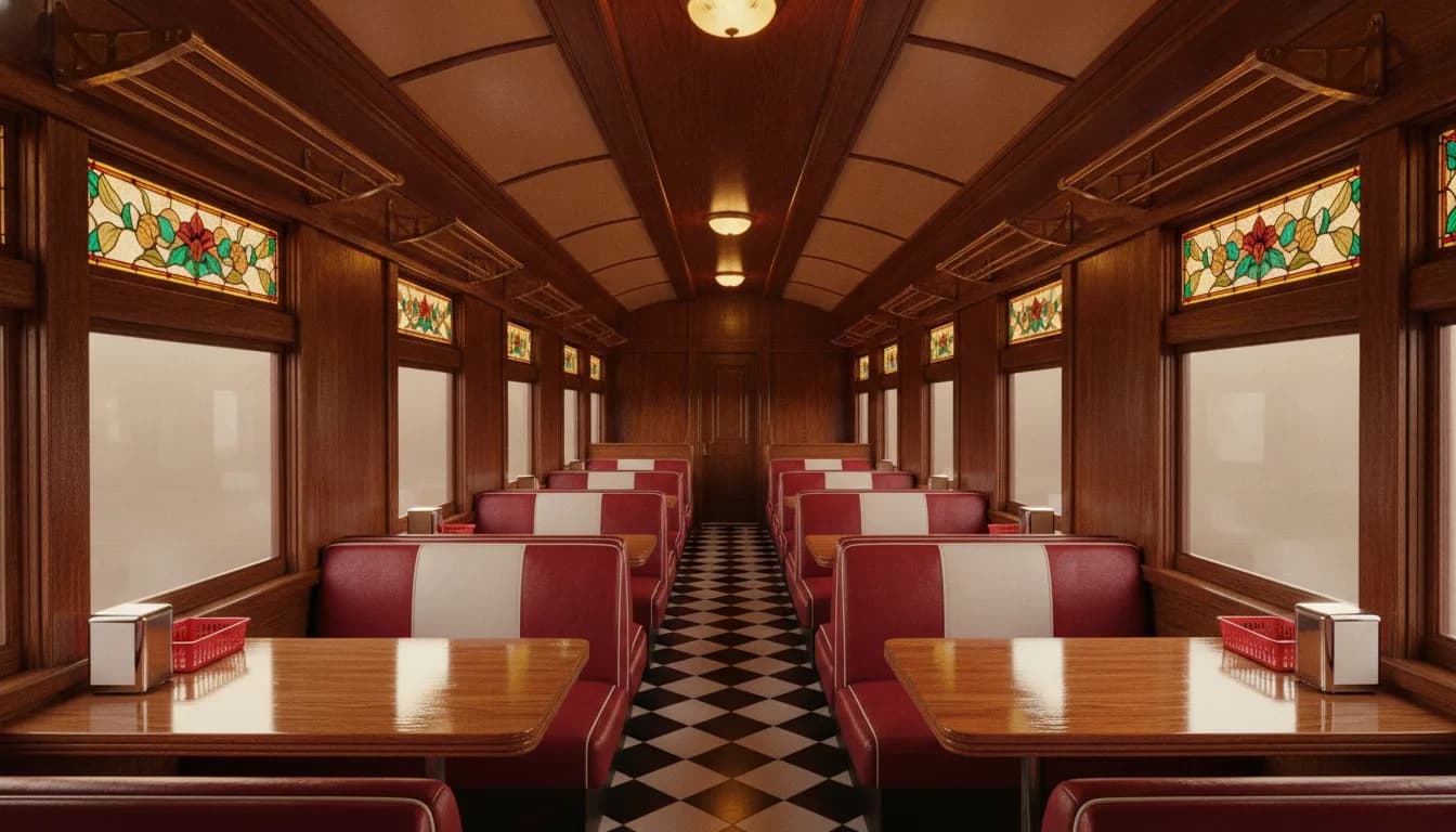 Interior de un diner americano con asientos rojos, piso de damero y luz cálida