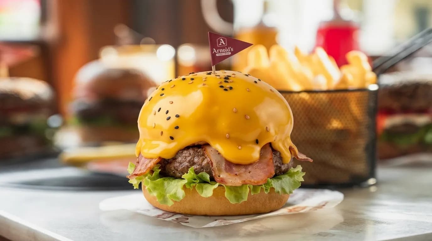 La Potsie: Cubierta de queso derretido que se funde sobre cada bocado, con tocino crocante y lechuga fresca. Si Arnolín la disfruta, tú también tienes que probarla.